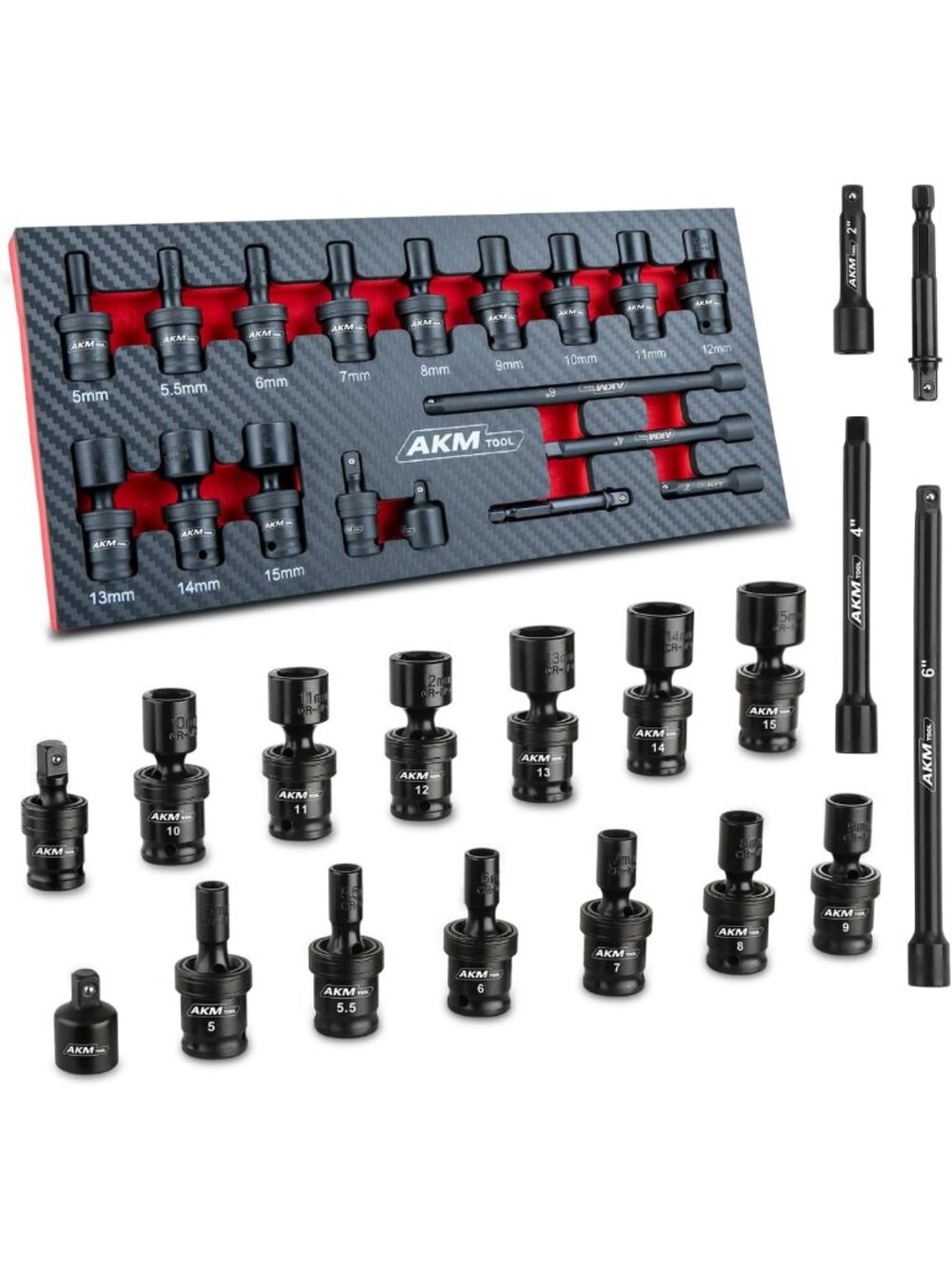 18-Piece Universal Impact Socket Set, 1/4" Drive, Metric 5-15mm, Swivel & Wobble